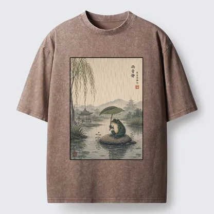Tokyo-Tiger Frog Holding Lotus Leaf In The Rain Washed T-Shirt