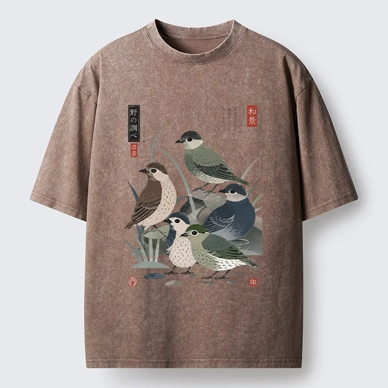 Tokyo-Tiger Cute Little Birds Japanese Folk Print Washed T-Shirt