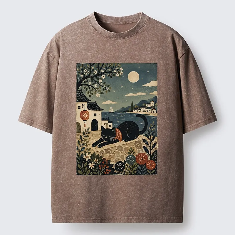 Tokyo-Tiger Sleepy Cat In A Coastal Town Washed T-Shirt