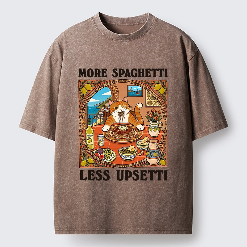 Tokyo-Tiger Cat Eating Spaghetti With Joy Washed T-Shirt