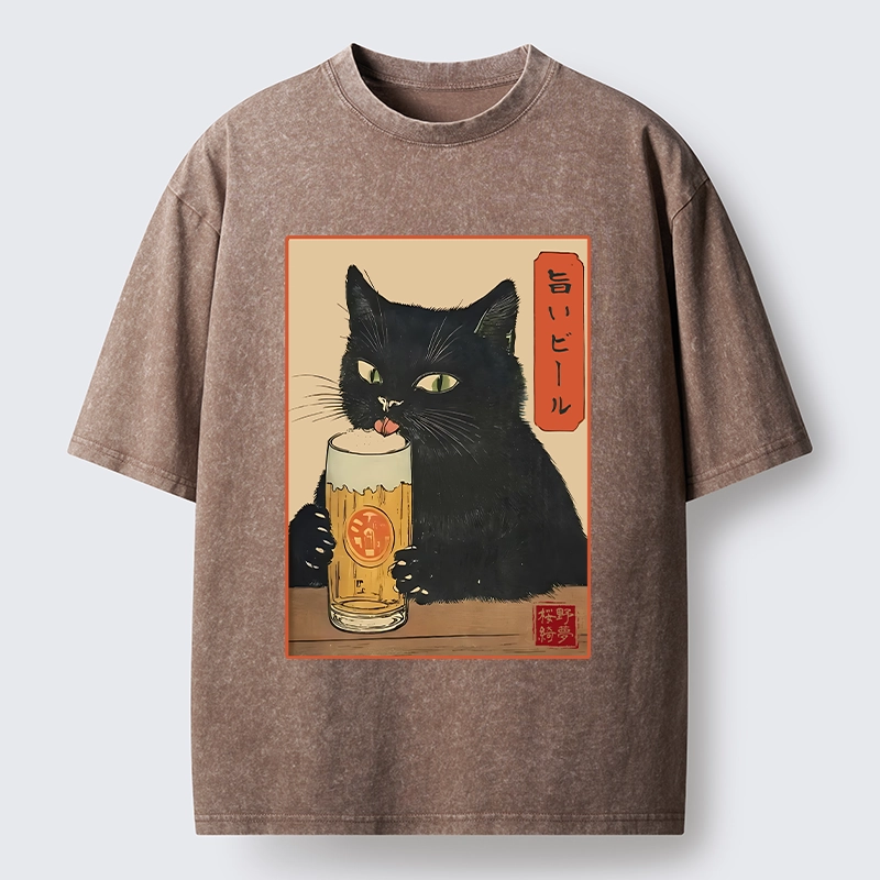 Tokyo-Tiger Cat Holding A Glass Of Beer Washed T-Shirt