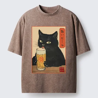 Tokyo-Tiger Cat Holding A Glass Of Beer Washed T-Shirt