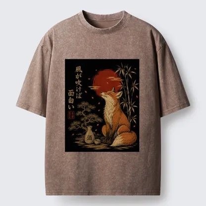 Tokyo-Tiger Zen Fox Enjoying The Night Air Washed T-Shirt