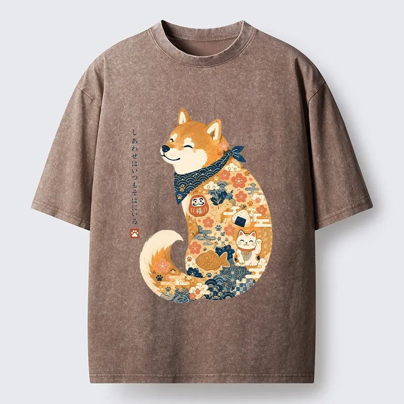 Tokyo-Tiger Cute Shiba Inu Wearing Traditional Kimono Washed T-Shirt