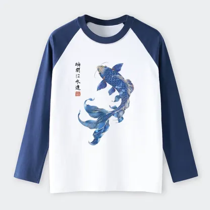 Tokyo-Tiger Lucky Blue Koi Fish Art Raglan Long Sleeve T-shirt