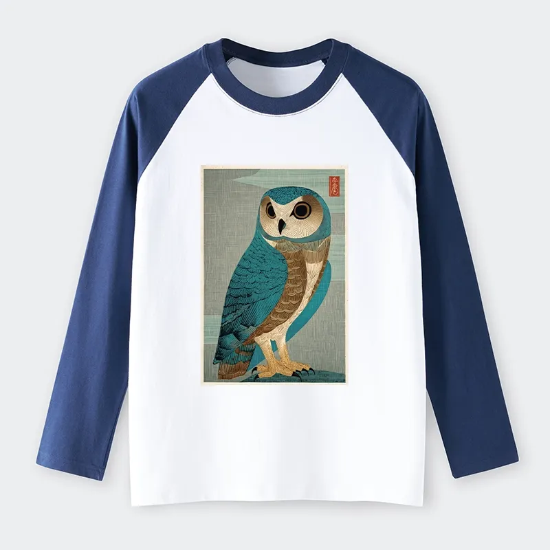Tokyo-Tiger Vintage Owl Woodblock Art Raglan Long Sleeve T-shirt