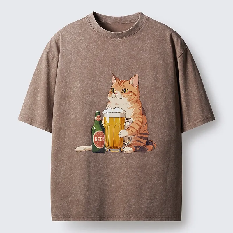 Tokyo-Tiger Funny Beer Cat After Work Washed T-Shirt