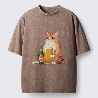 Tokyo-Tiger Funny Beer Cat After Work Washed T-Shirt