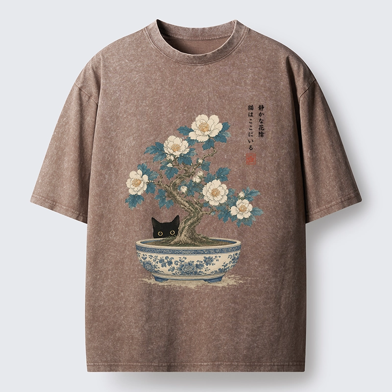 Tokyo-Tiger Black Cat Hiding In The Bonsai Washed T-Shirt
