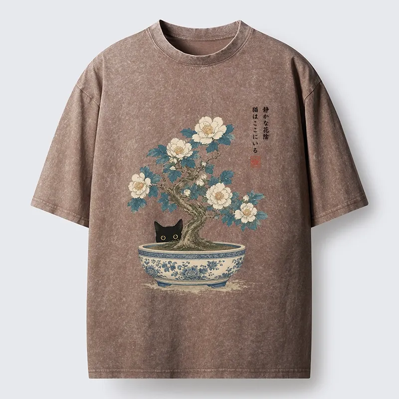 Tokyo-Tiger Black Cat Hiding In The Bonsai Washed T-Shirt