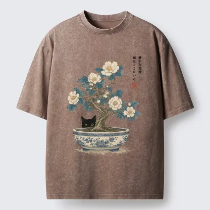 Tokyo-Tiger Black Cat Hiding In The Bonsai Washed T-Shirt