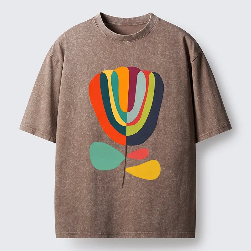 Tokyo-Tiger Colorful Flower Minimalist Print Washed T-Shirt
