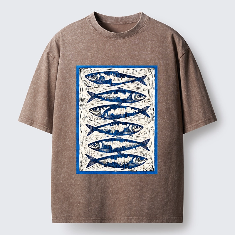 Tokyo-Tiger Vintage Block Print Ocean Fish Washed T-Shirt