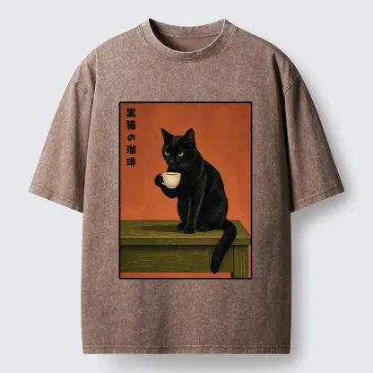 Tokyo-Tiger Retro Art Cat Sips Warm Coffee Washed T-Shirt
