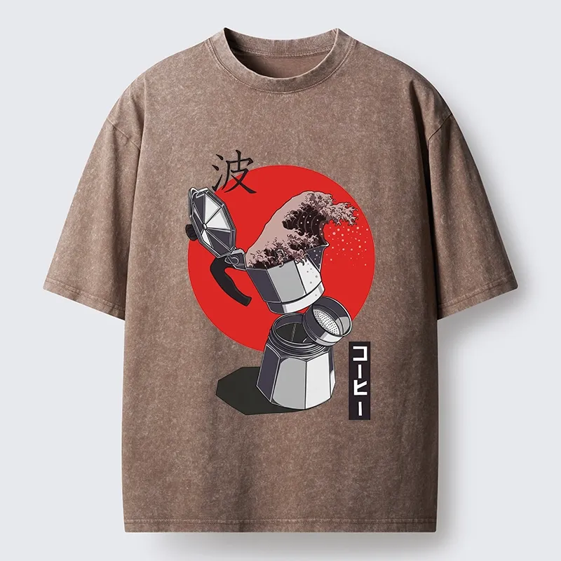 Tokyo-Tiger Coffee Wave Pours From Moka Pot Washed T-Shirt