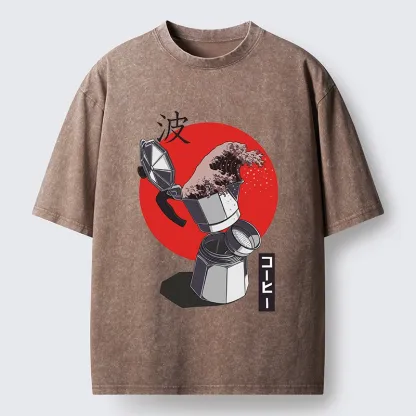 Tokyo-Tiger Coffee Wave Pours From Moka Pot Washed T-Shirt