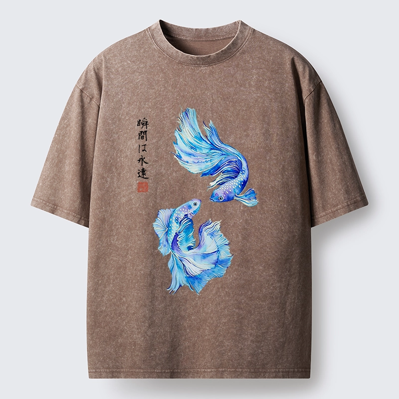 Tokyo-Tiger Japanese Watercolor Pair Betta Fish Washed T-Shirt