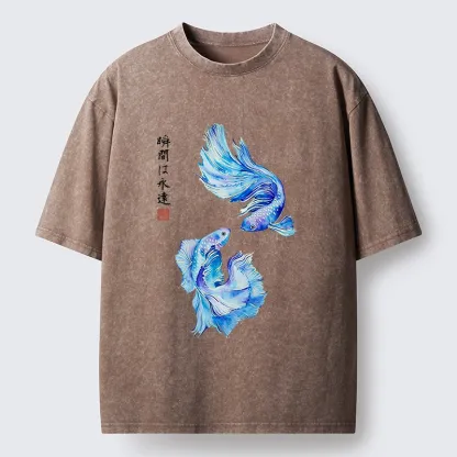 Tokyo-Tiger Japanese Watercolor Pair Betta Fish Washed T-Shirt