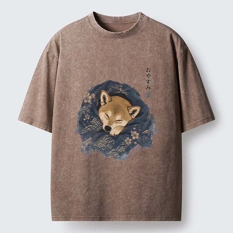 Tokyo-Tiger Sleepy Shiba Hides In Warm Quilt Washed T-Shirt
