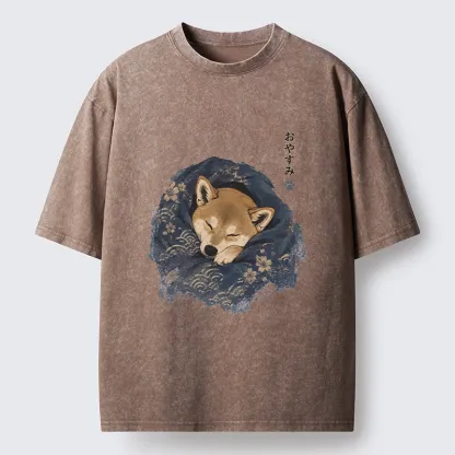 Tokyo-Tiger Sleepy Shiba Hides In Warm Quilt Washed T-Shirt