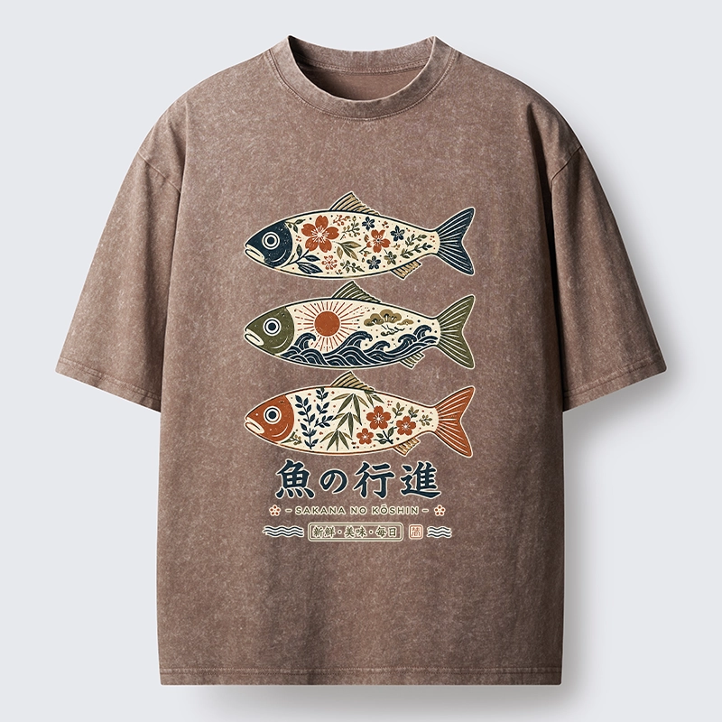 Tokyo-Tiger Sakura Waves Decorate Three Fish Washed T-Shirt