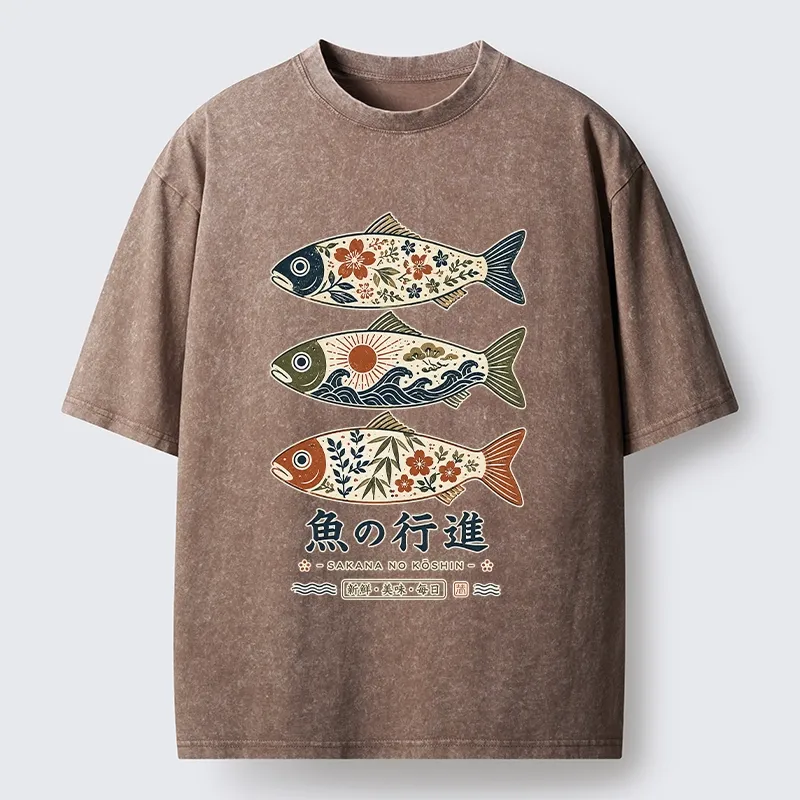 Tokyo-Tiger Sakura Waves Decorate Three Fish Washed T-Shirt