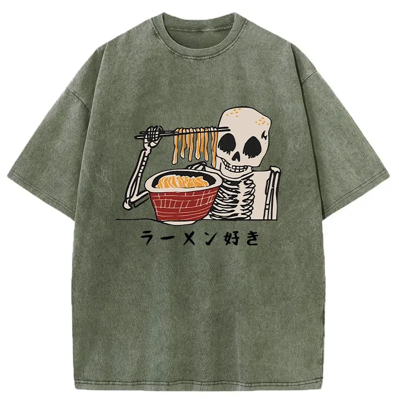 Tokyo-Tiger Skeleton Eating Ramen Washed T-Shirt