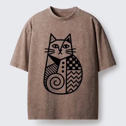 Tokyo-Tiger Simple Folk Art Patterned Cat Washed T-Shirt