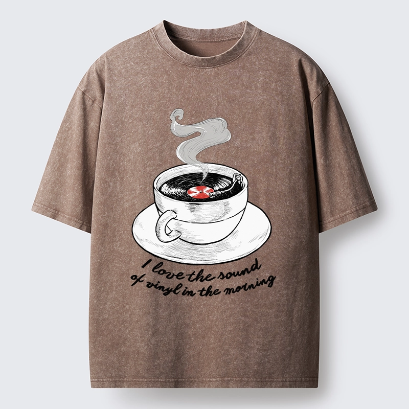 Tokyo-Tiger Coffee Cup Holds Spinning Vinyl Record Washed T-Shirt