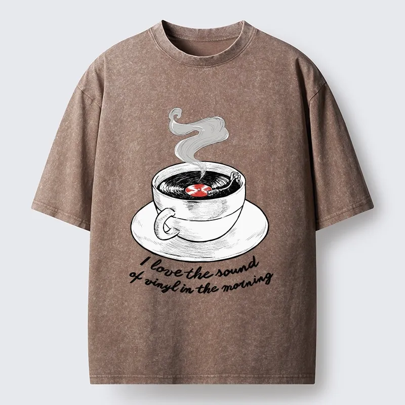 Tokyo-Tiger Coffee Cup Holds Spinning Vinyl Record Washed T-Shirt
