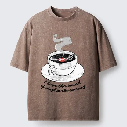 Tokyo-Tiger Coffee Cup Holds Spinning Vinyl Record Washed T-Shirt