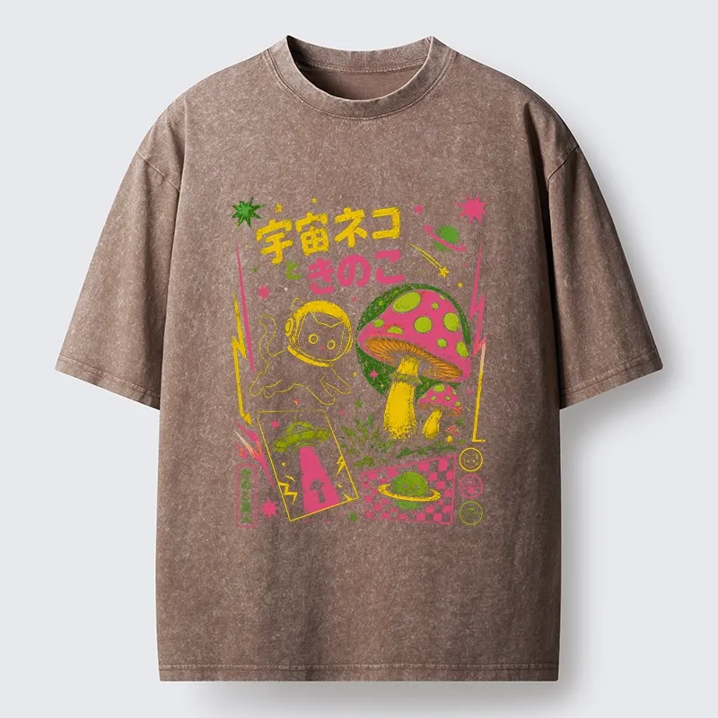 Tokyo-Tiger Space Cat And Magic Mushrooms Washed T-Shirt
