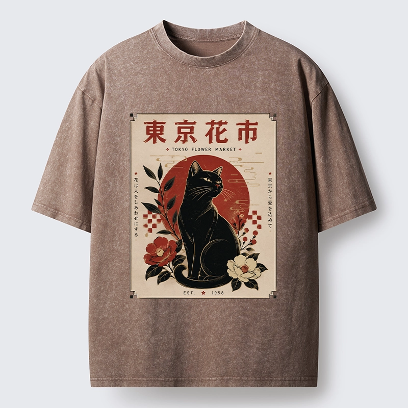 Tokyo-Tiger Tokyo Flower Market Cat Washed T-Shirt