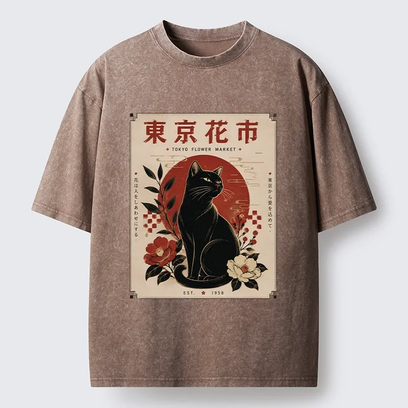 Tokyo-Tiger Tokyo Flower Market Cat Washed T-Shirt