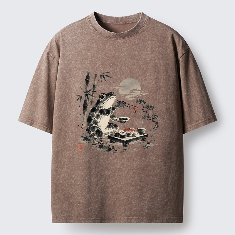 Tokyo-Tiger Frog Eating Sushi At Nigh Washed T-Shirt