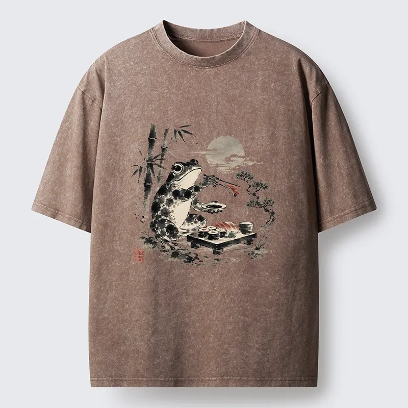 Tokyo-Tiger Frog Eating Sushi At Nigh Washed T-Shirt