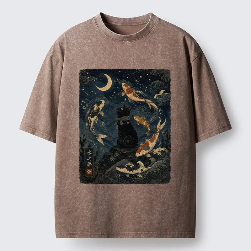 Tokyo-Tiger Black Cat And Koi Fish Washed T-Shirt