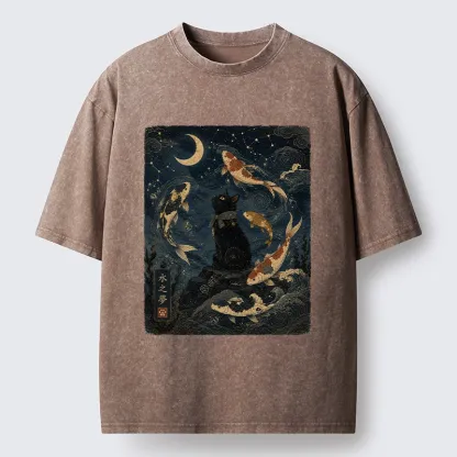 Tokyo-Tiger Black Cat And Koi Fish Washed T-Shirt