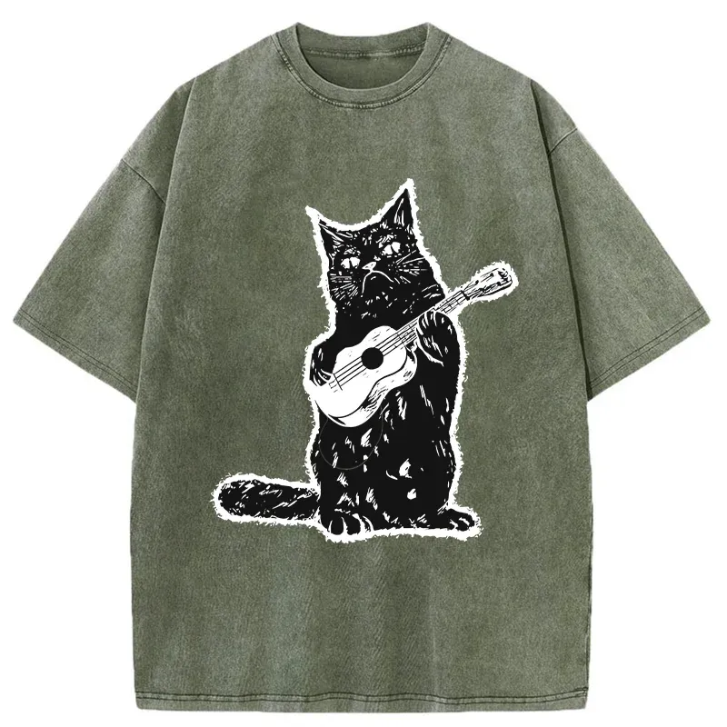 Tokyo-Tiger Cat Playing Guitar Washed T-Shirt