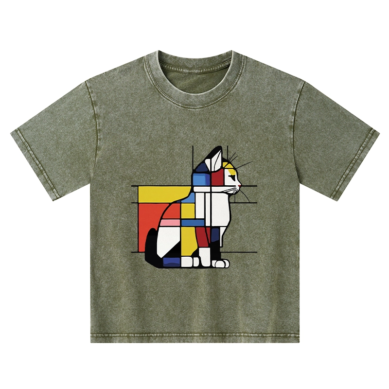 Tokyo-Tiger Geometric Cat Art In Primary Colors Kids Washed T-Shirt