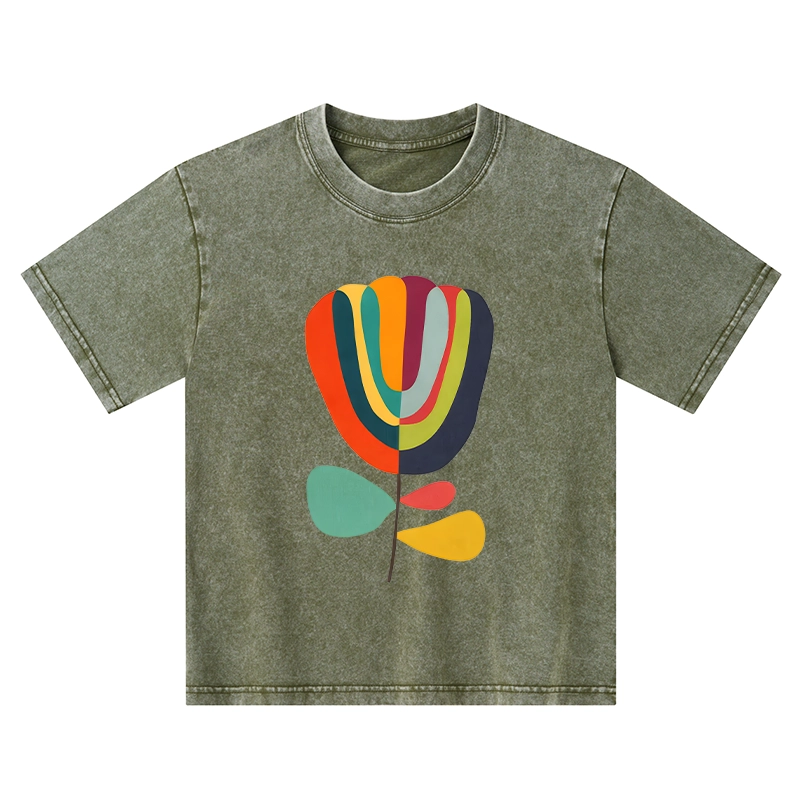Tokyo-Tiger Colorful Flower Minimalist Print Kids Washed T-Shirt