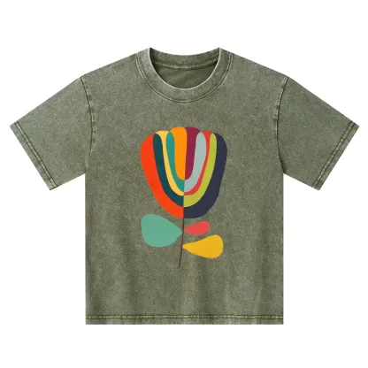 Tokyo-Tiger Colorful Flower Minimalist Print Kids Washed T-Shirt