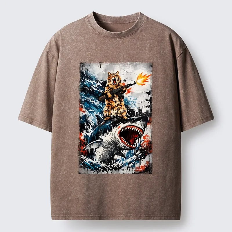 Tokyo-Tiger Cat Riding A Shark With A Gun Washed T-Shirt