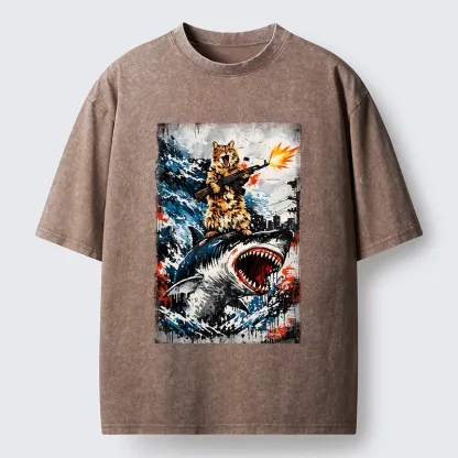 Tokyo-Tiger Cat Riding A Shark With A Gun Washed T-Shirt