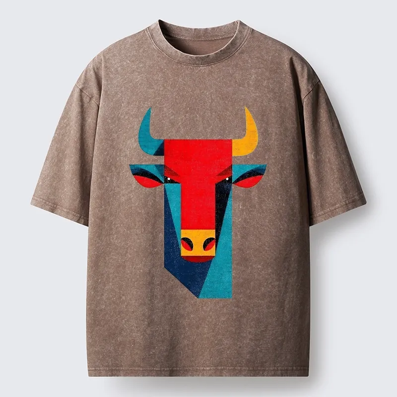 Tokyo-Tiger Geometric Bull Head Art Washed T-Shirt