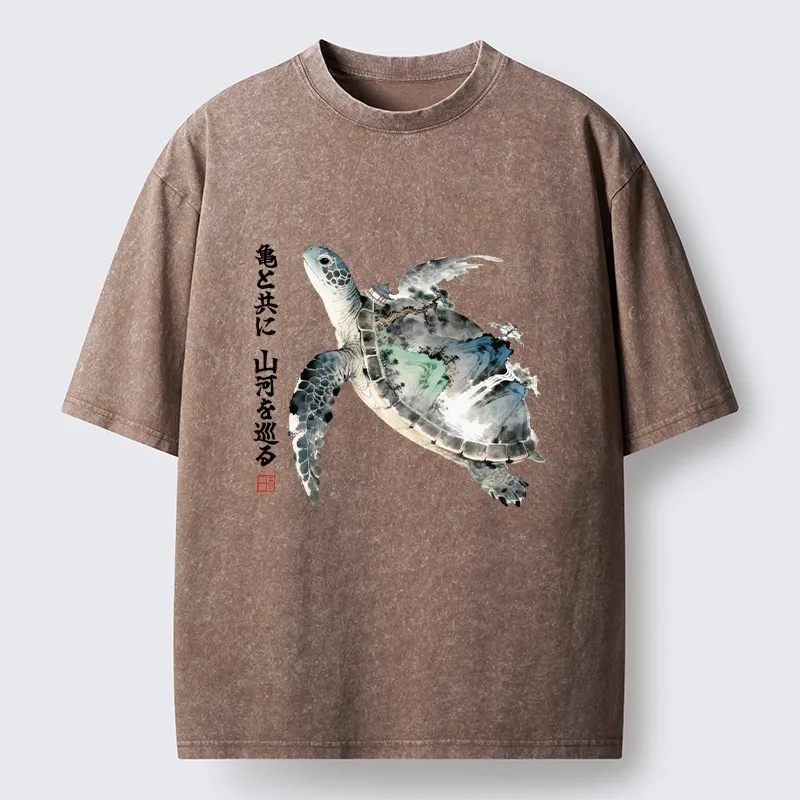 Tokyo-Tiger Ink Wash Sea Turtle Art Washed T-Shirt