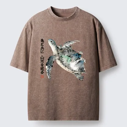Tokyo-Tiger Ink Wash Sea Turtle Art Washed T-Shirt