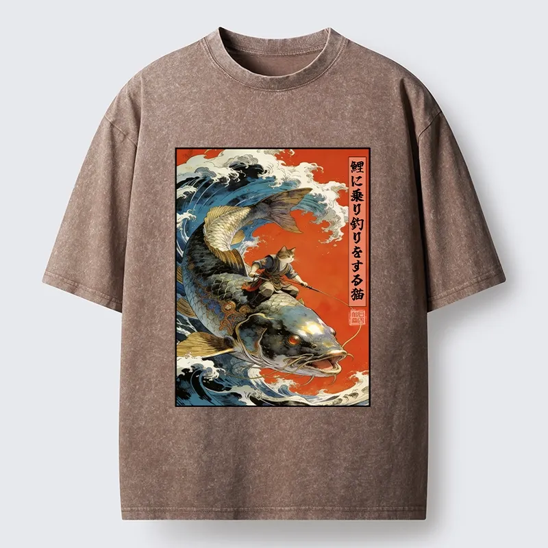 Tokyo-Tiger Ukiyo E Cat Fishing Art Washed T-Shirt