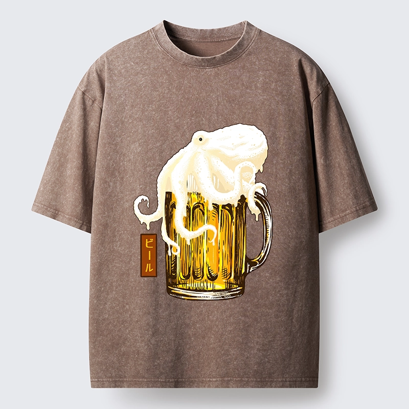 Tokyo-Tiger Octopus Foam On Cold Beer Mug Washed T-Shirt