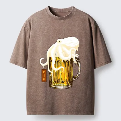 Tokyo-Tiger Octopus Foam On Cold Beer Mug Washed T-Shirt